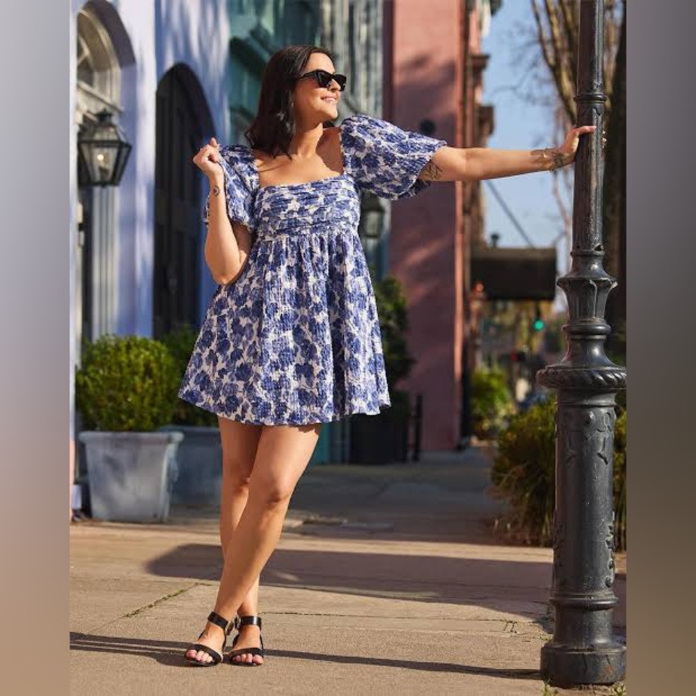 Abercrombie & Fitch Blue Floral Puff Sleeve Emerson Mini Dress